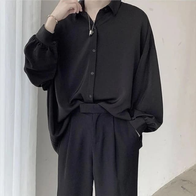 Camisas de manga larga con lazo negro gratis, blusas cómodas coreanas para hombre, camisa informal holgada con una botonadura, camiseta para hombre Harajuku