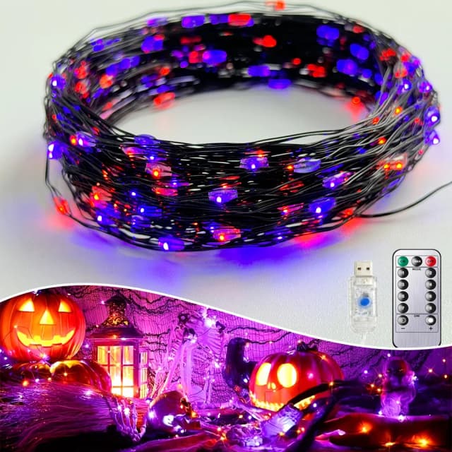 Guirnalda de luces de alambre negro de 100/200LED, guirnalda de luces de hadas púrpura para Halloween, 8 modos, guirnalda de Navidad para boda interior, decoración de fiesta