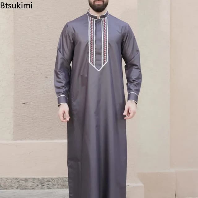 Ropa islámica de Oriente Medio para hombres Moda musulmana Abaya hombres bordado suelto cuello alto vestido largo estilo étnico 2025 hombre Jubba Thobe