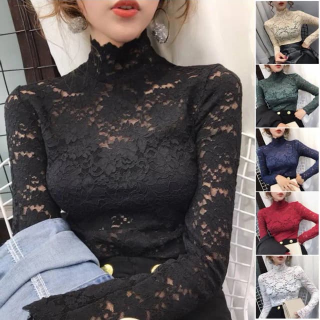 Blusas sexis de encaje de manga larga para mujer, ropa interior de cuello alto, camisa de encaje de ganchillo, túnica básica, blusa inferior Vintage con perspectiva superior