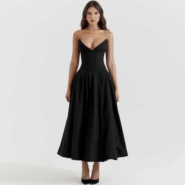 Suninheart-vestido negro elegante para eventos de boda, vestido Sexy con corsé sin tirantes, vestidos de fiesta de Navidad por debajo de la rodilla para mujer, ropa 2023