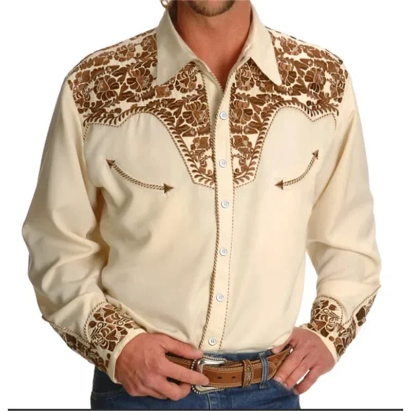 Camisa occidental para hombre, diseño Vintage, solapa, manga larga, estampado de botones, Top, moda, ropa de calle, diseñador, estilo occidental