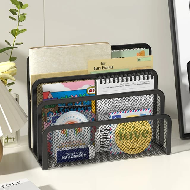 Organizador de correo de escritorio, clasificador de cartas pequeñas de oficina, organizador de archivos de escritorio, malla metálica con 3 compartimentos verticales, paquete de 2