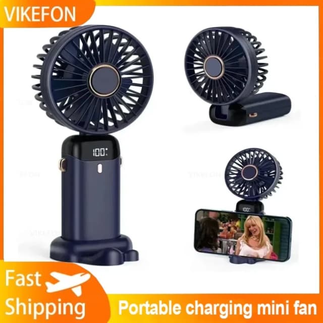 Ventilador de escritorio pequeño portátil de 5 velocidades, soporte para teléfono de viaje para exteriores, miniventilador de refrigeración USB de mano plegable para juegos y ventilador recargable con Base