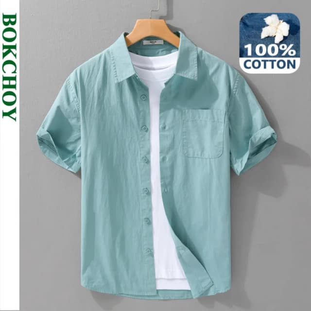 Novedad de verano, camisas informales de manga fino corto de algodón puro, ropa para hombre, ropa de calle de Color sólido suave FY969