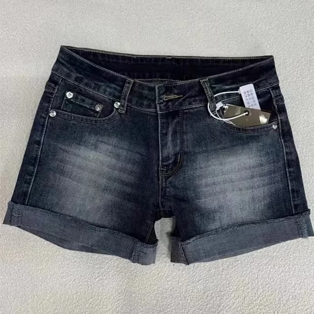 Pantalones cortos vaqueros de color azul profundo con dobladillo enrollable Retro para mujer, pantalones cortos sexis de tiro bajo que cubren la cadera, pantalones cortos vaqueros lavados desgastados americanos