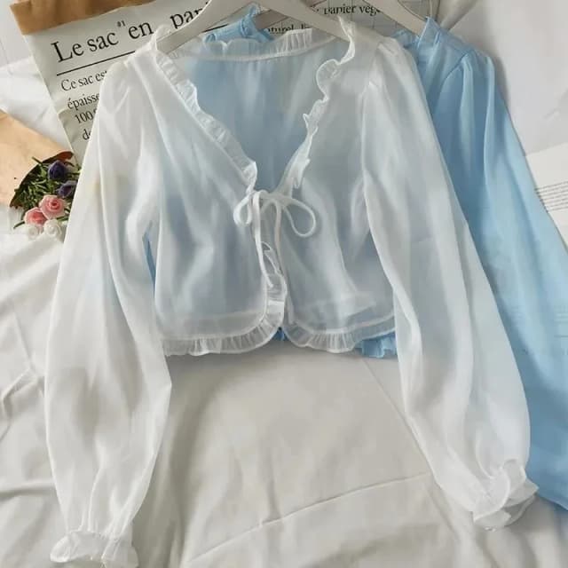 Ropa de protección solar de verano con lazo de encaje informal fino para mujer, cárdigan para mujer, camisa, ropa, Tops, blusa para mujer