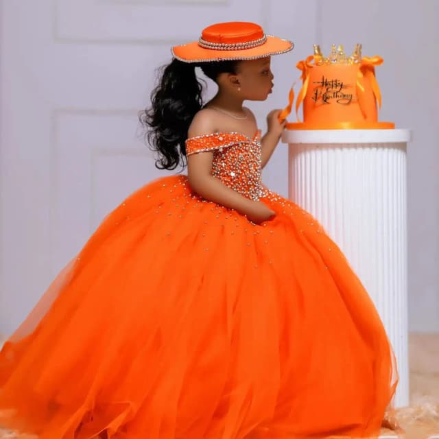 Vestidos de fiesta de cumpleaños para niñas de tul naranja, vestido de baile personalizado, vestidos de flores de cristal para boda, vestido de desfile para niñas