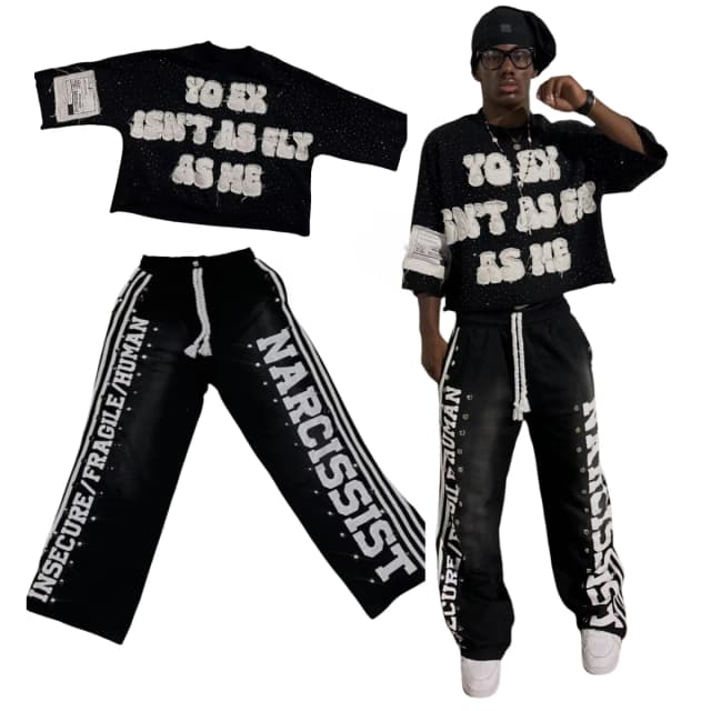 Chándal gótico con letras de retales para hombre, conjunto de dos piezas, ropa de calle Retro con lentejuelas, pantalones de chándal, camiseta, Y2k, Hip Hop, nuevo